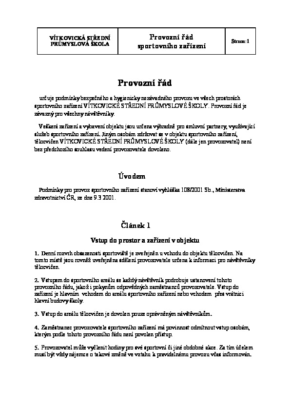 Provozní řád – tělocvičny