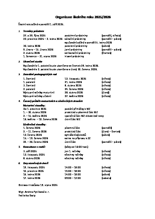 Organizace školního roku 2025-2026