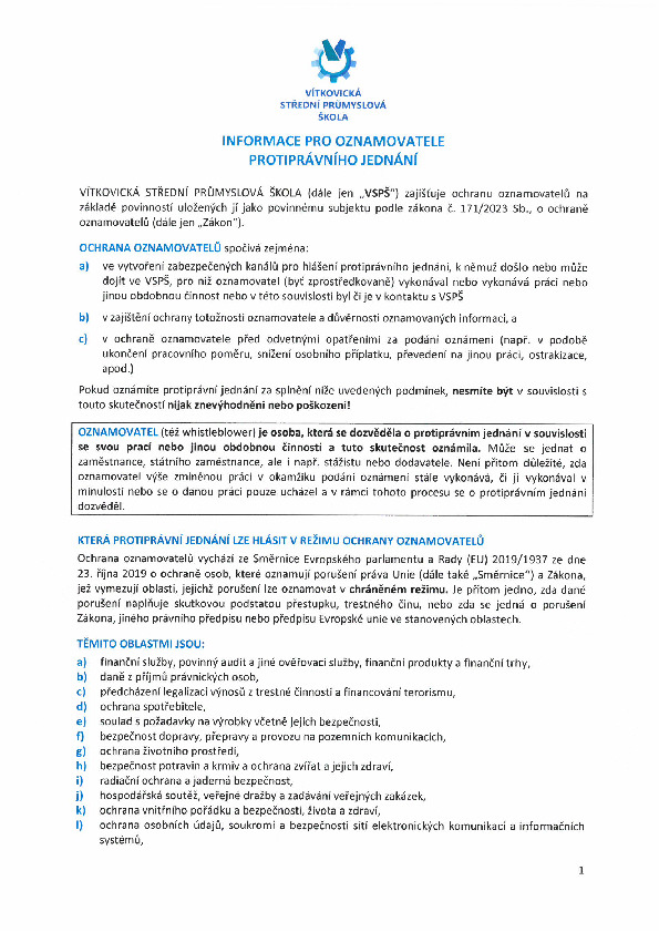 Informace pro oznamovatele protiprávního jednání
