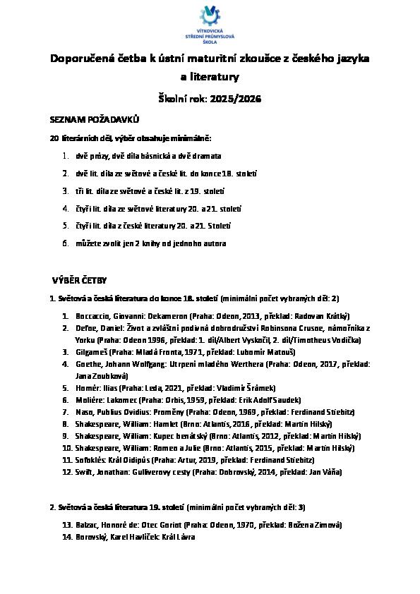 Doporučená četba k MZ z ČJ a L