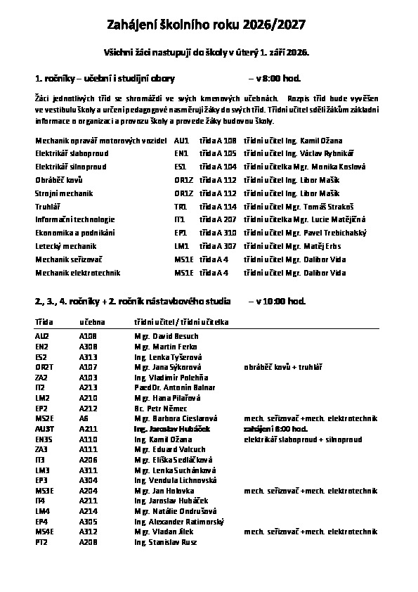 Zahájení ŠR 2026-2027