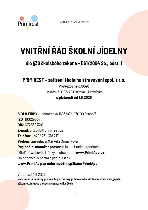 Primirest vnitřní řád školní jídelny 2026 27